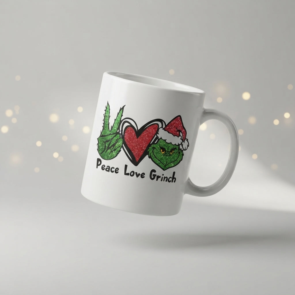 Peace Love Grinch Christmas Coffee Mug 11oz - Funny Holiday Green Hand & Heart White Ceramic Tea Cup - Festive Christmas Gift