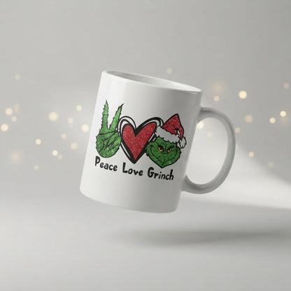 Peace Love Grinch Christmas Coffee Mug 11oz - Funny Holiday Green Hand & Heart White Ceramic Tea Cup - Festive Christmas Gift