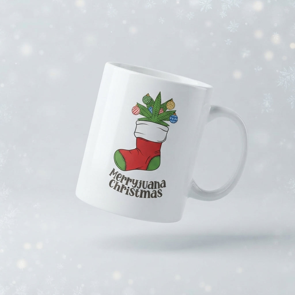 Funny Weed Christmas Coffee Mug - "Merryjuana Christmas" Stocking & Cannabis White Ceramic Tea Cup - Holiday Stoner Gift
