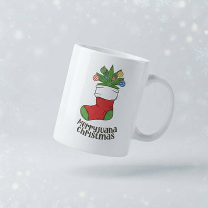 Funny Weed Christmas Coffee Mug - "Merryjuana Christmas" Stocking & Cannabis White Ceramic Tea Cup - Holiday Stoner Gift