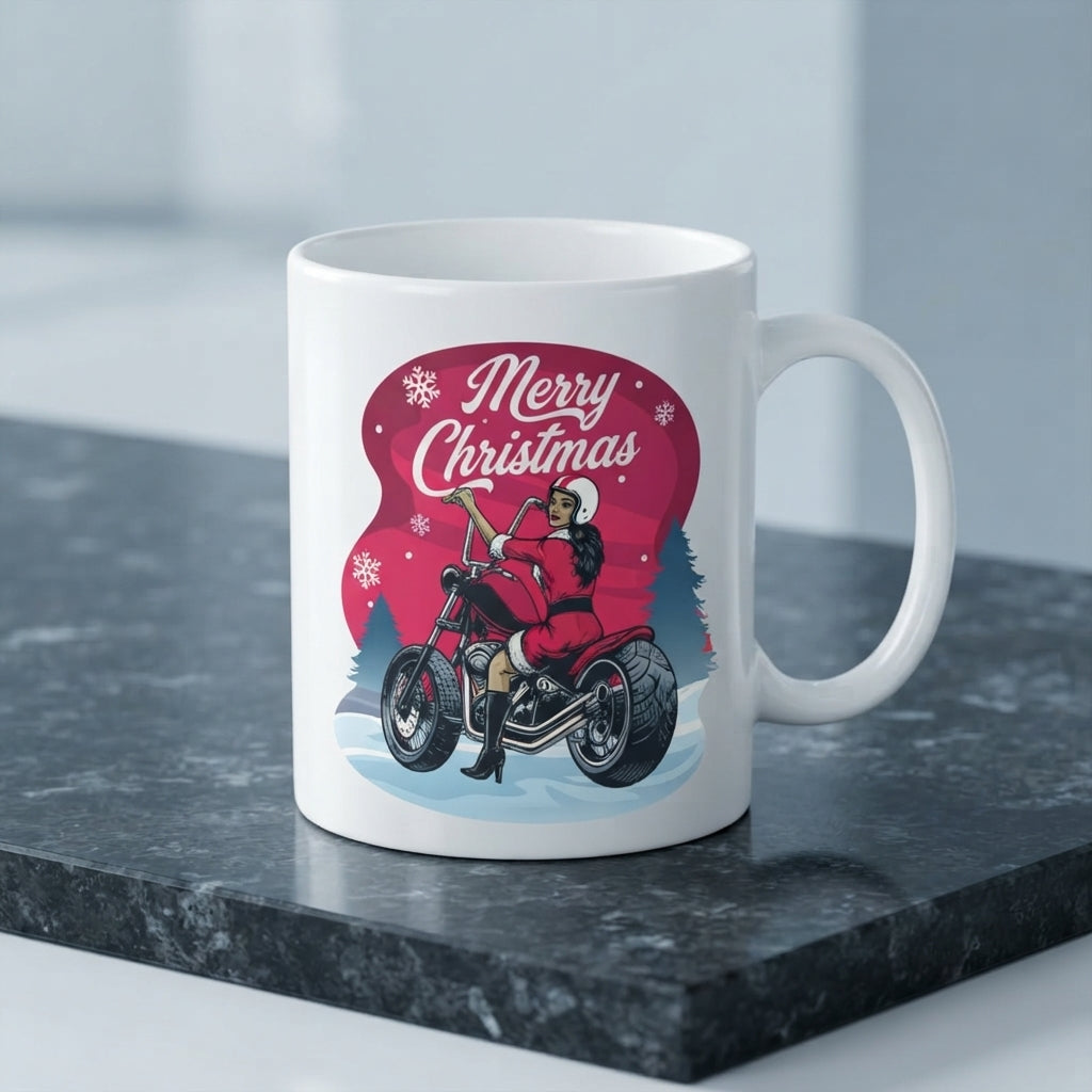Biker Santa Christmas Coffee Mug - "Merry Christmas" Motorcycle Girl White Ceramic Tea Cup - Holiday Gift for Biker Lovers