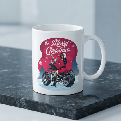 Biker Santa Christmas Coffee Mug - "Merry Christmas" Motorcycle Girl White Ceramic Tea Cup - Holiday Gift for Biker Lovers