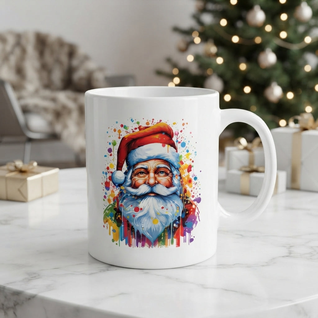 Colorful Santa Claus Christmas Coffee Mug - Rainbow Watercolor Paint Splash Ceramic White Tea Cup - Artistic Holiday Gift