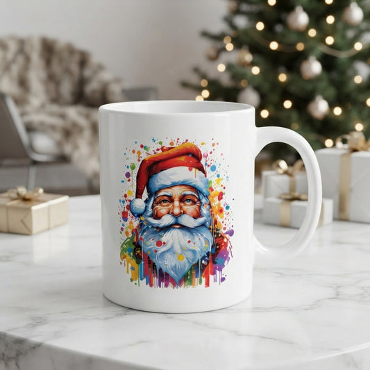 Colorful Santa Claus Christmas Coffee Mug - Rainbow Watercolor Paint Splash Ceramic White Tea Cup - Artistic Holiday Gift