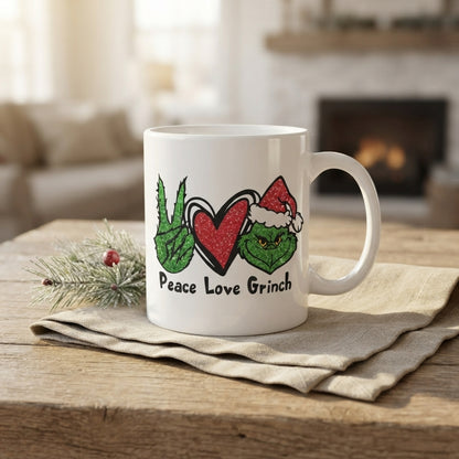 Peace Love Grinch Christmas Coffee Mug 11oz - Funny Holiday Green Hand & Heart White Ceramic Tea Cup - Festive Christmas Gift