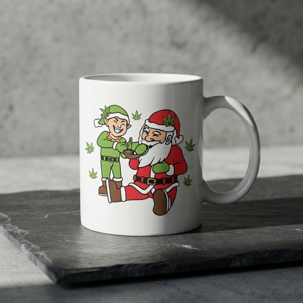 Funny Weed Santa & Elf Christmas Coffee Mug 11oz - Cannabis Leaf White Ceramic Tea Cup - Holiday Stoner Gift