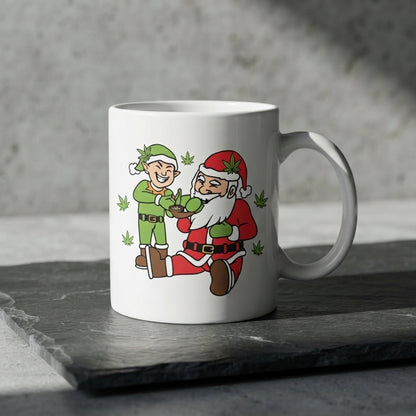 Funny Weed Santa & Elf Christmas Coffee Mug 11oz - Cannabis Leaf White Ceramic Tea Cup - Holiday Stoner Gift
