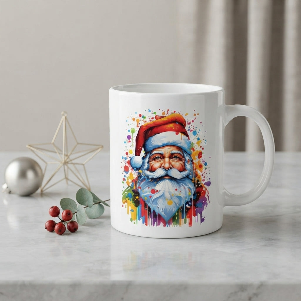 Colorful Santa Claus Christmas Coffee Mug - Rainbow Watercolor Paint Splash Ceramic White Tea Cup - Artistic Holiday Gift