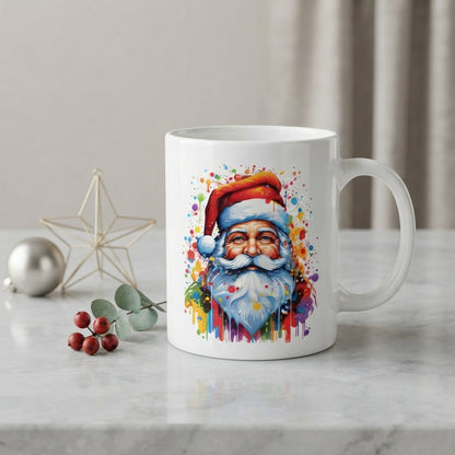 Colorful Santa Claus Christmas Coffee Mug - Rainbow Watercolor Paint Splash Ceramic White Tea Cup - Artistic Holiday Gift