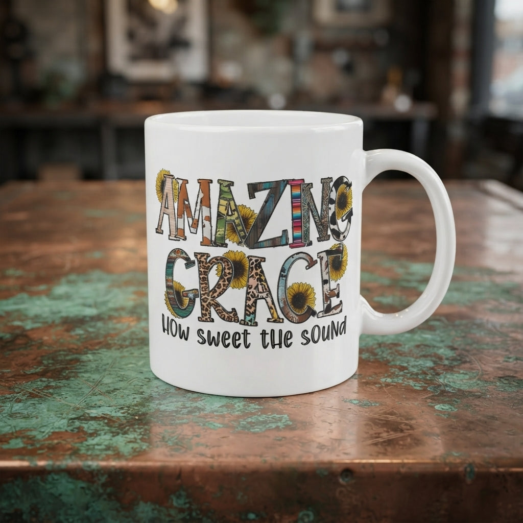 "Amazing Grace How Sweet The Sound" Sunflower Christian Coffee Mug 11oz - White Ceramic Tea Cup