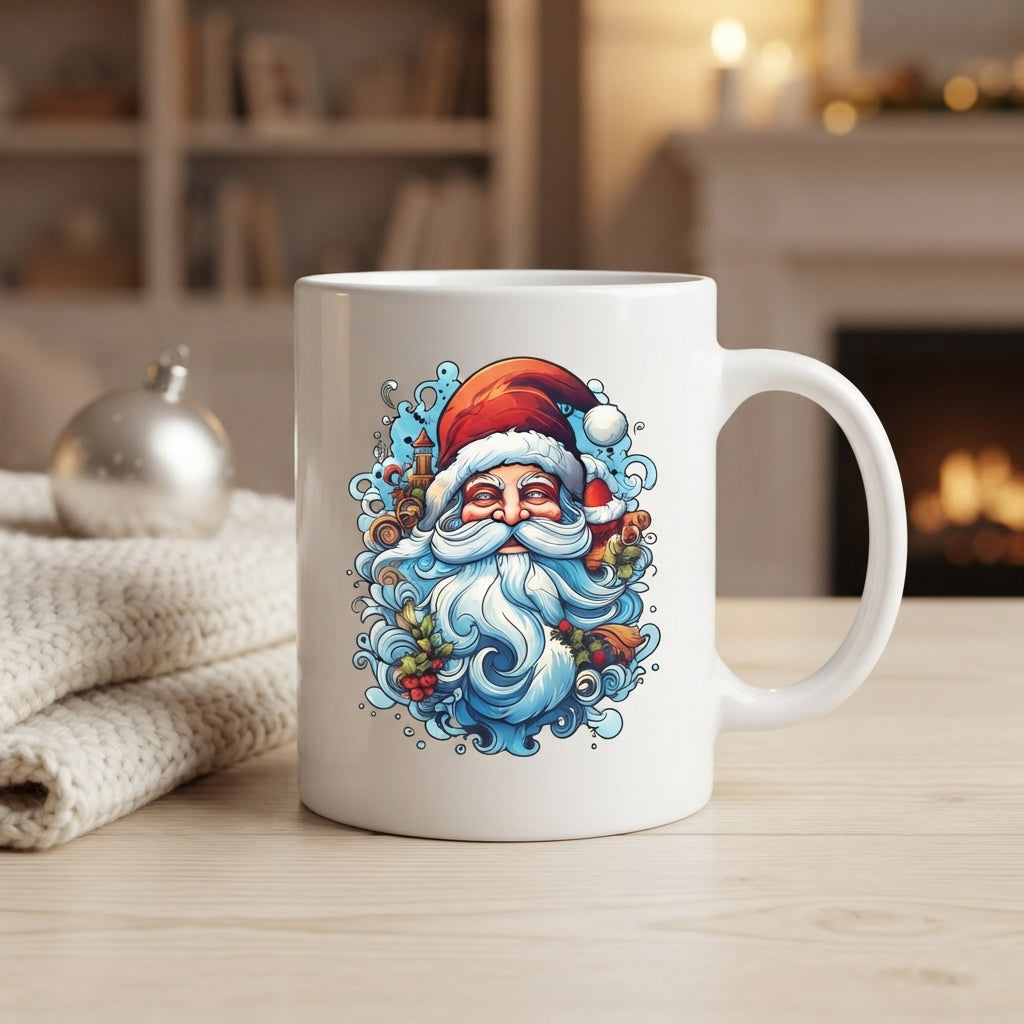Artistic Santa Claus Christmas Coffee Mug - Illustrated Swirl Art White Ceramic Tea Cup - Holiday Gift for Christmas Lovers