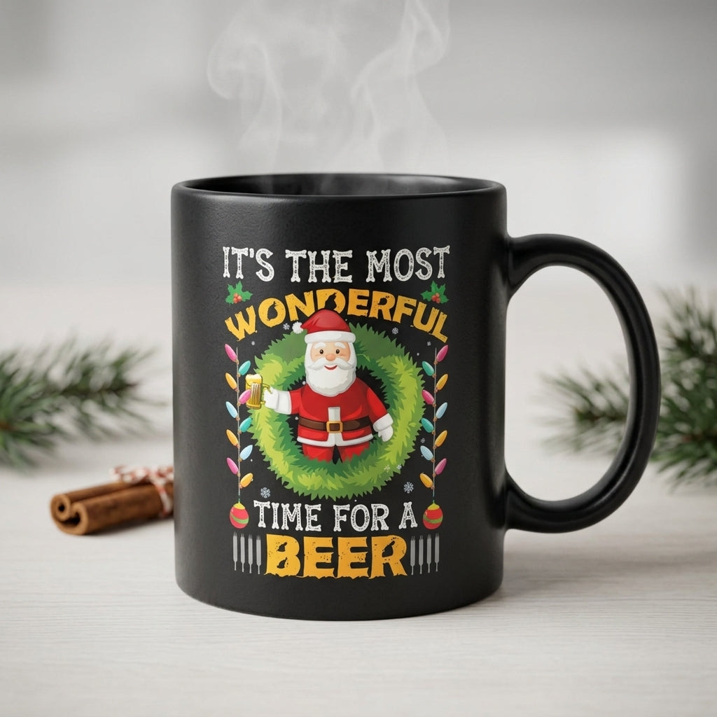 Funny "Most Wonderful Time For A Beer" Santa Christmas Coffee Mug 11oz - Black Ceramic Tea Cup