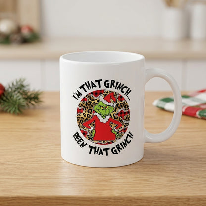 Funny "I'm That Grinch Been That Grinch" Leopard Pattern Christmas Coffee Mug 11oz - White Ceramic Tea Cup