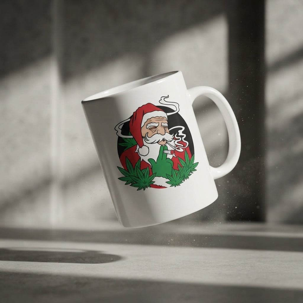 Funny "Stoner Santa" Christmas Coffee Mug 11oz - Smoking Weed Leaves White Ceramic Tea Cup - Novelty Holiday Gag Gift