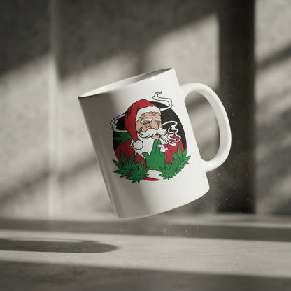 Funny "Stoner Santa" Christmas Coffee Mug 11oz - Smoking Weed Leaves White Ceramic Tea Cup - Novelty Holiday Gag Gift