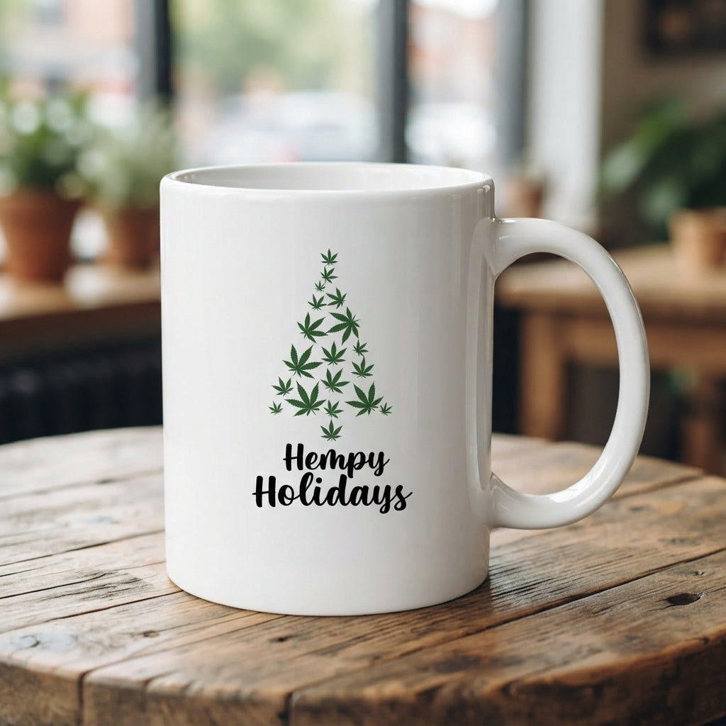 Funny "Hempy Holidays" Tree Christmas Coffee Mug 11oz - White Ceramic Tea Cup