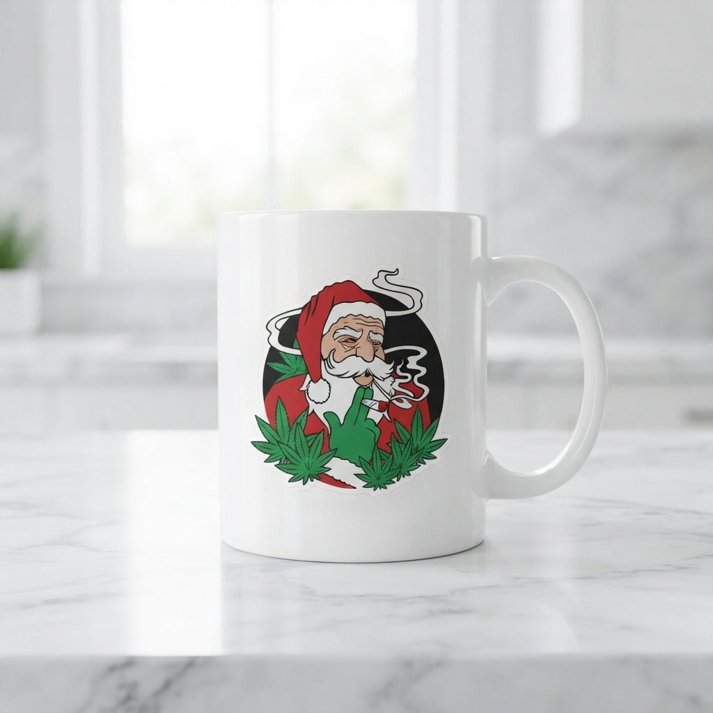 Funny "Stoner Santa" Christmas Coffee Mug 11oz - Smoking Weed Leaves White Ceramic Tea Cup - Novelty Holiday Gag Gift