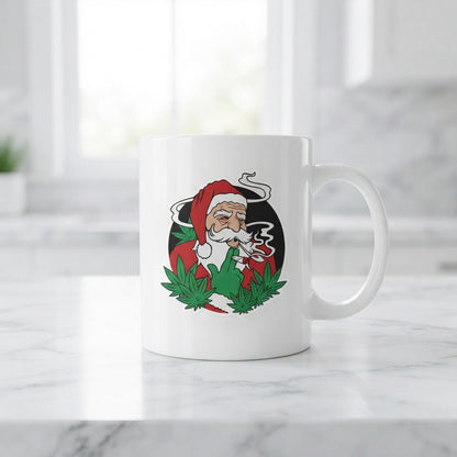 Funny "Stoner Santa" Christmas Coffee Mug 11oz - Smoking Weed Leaves White Ceramic Tea Cup - Novelty Holiday Gag Gift