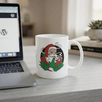 Funny "Stoner Santa" Christmas Coffee Mug 11oz - Smoking Weed Leaves White Ceramic Tea Cup - Novelty Holiday Gag Gift