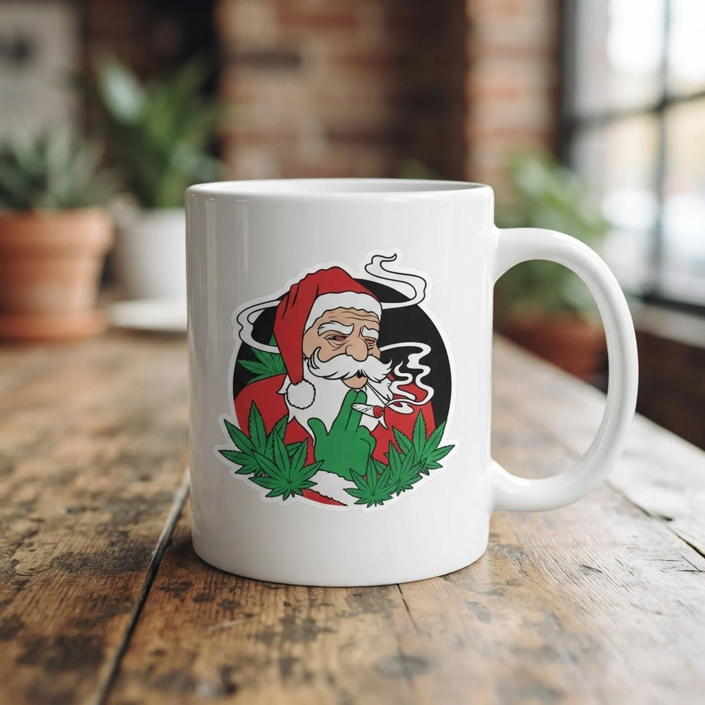 Funny "Stoner Santa" Christmas Coffee Mug 11oz - Smoking Weed Leaves White Ceramic Tea Cup - Novelty Holiday Gag Gift