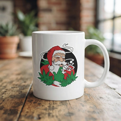 Funny "Stoner Santa" Christmas Coffee Mug 11oz - Smoking Weed Leaves White Ceramic Tea Cup - Novelty Holiday Gag Gift