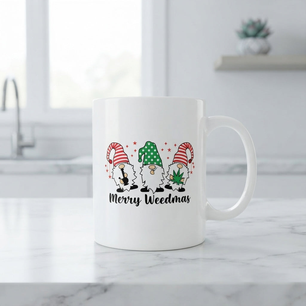 Funny "Merry Weedmas" Gnomes Christmas Coffee Mug 11oz - White Ceramic Tea Cup