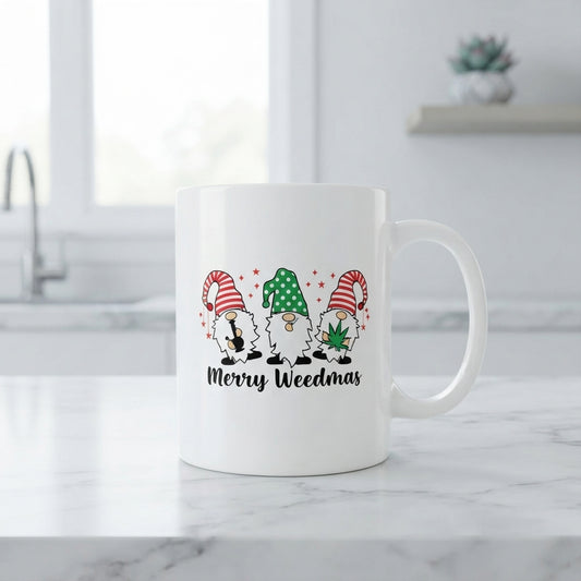 Funny "Merry Weedmas" Gnomes Christmas Coffee Mug 11oz - White Ceramic Tea Cup