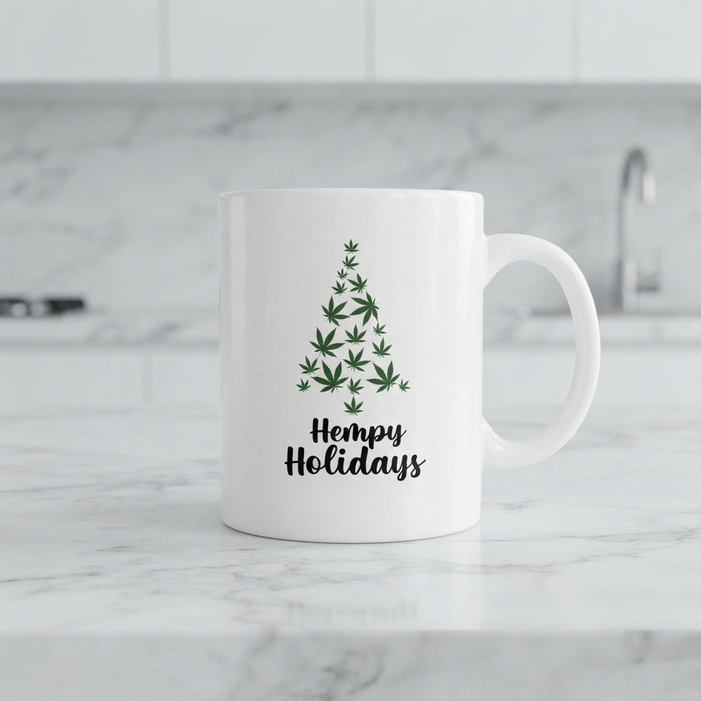 Funny "Hempy Holidays" Tree Christmas Coffee Mug 11oz - White Ceramic Tea Cup