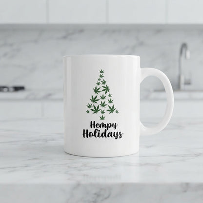 Funny "Hempy Holidays" Tree Christmas Coffee Mug 11oz - White Ceramic Tea Cup