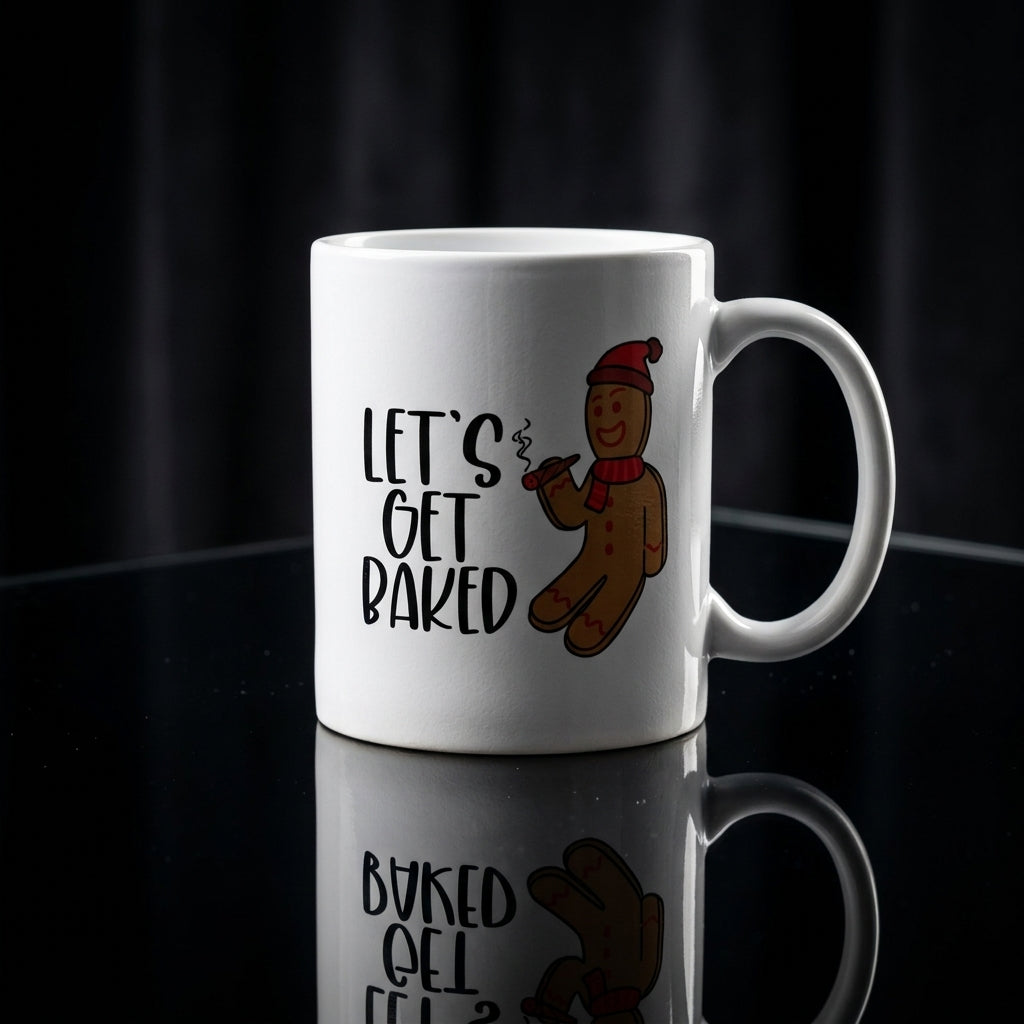 Funny "Let's Get Baked" Gingerbread Man Christmas Coffee Mug 11oz - White Ceramic Tea Cup