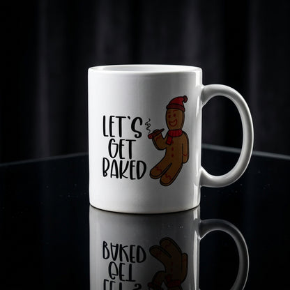 Funny "Let's Get Baked" Gingerbread Man Christmas Coffee Mug 11oz - White Ceramic Tea Cup