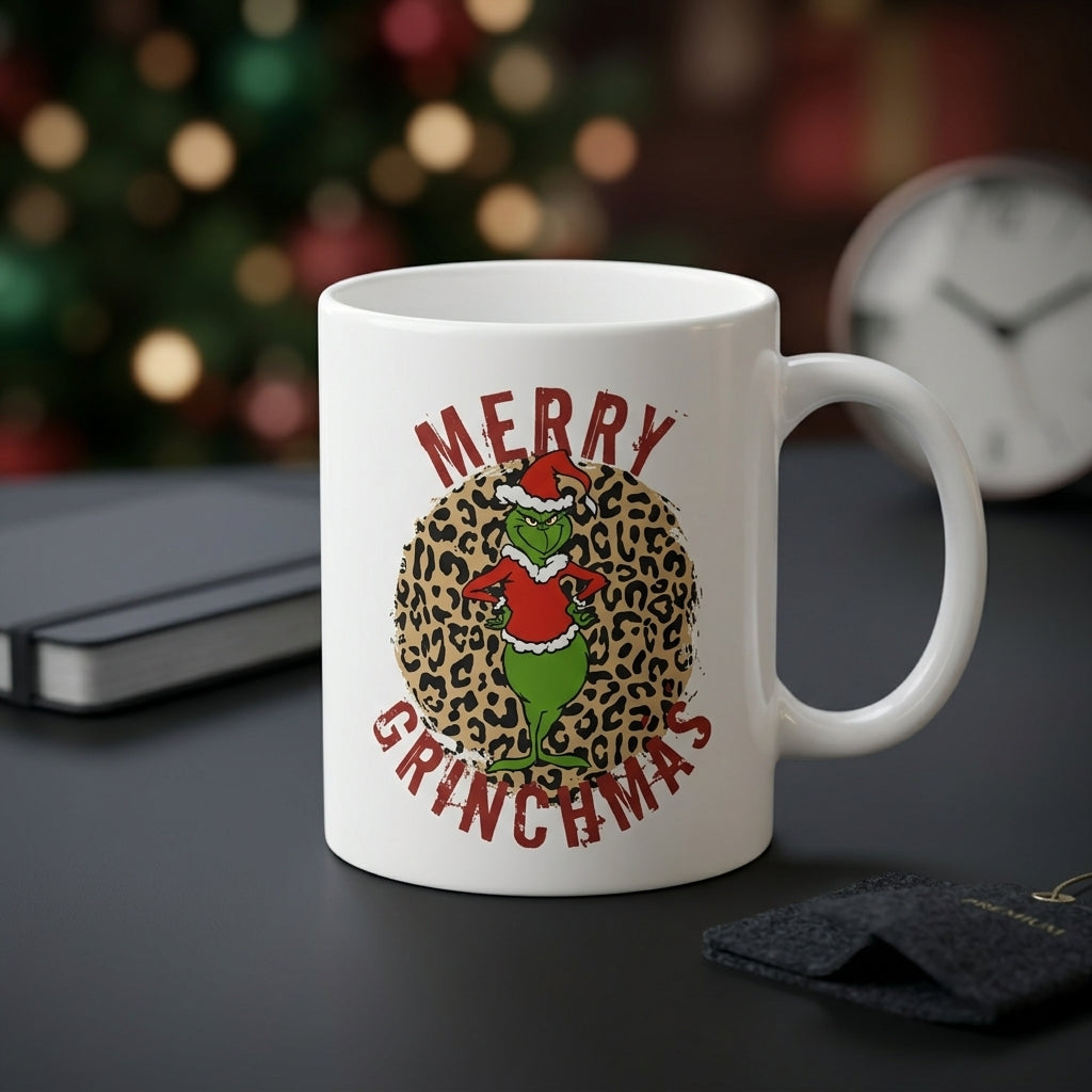 Funny "Merry Grinchmas" Christmas Coffee Mug 11oz - Leopard Print Santa Grinch White Ceramic Tea Cup - Festive Holiday Gift