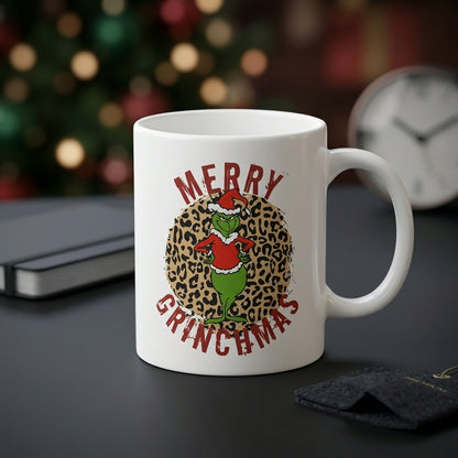 Funny "Merry Grinchmas" Christmas Coffee Mug 11oz - Leopard Print Santa Grinch White Ceramic Tea Cup - Festive Holiday Gift