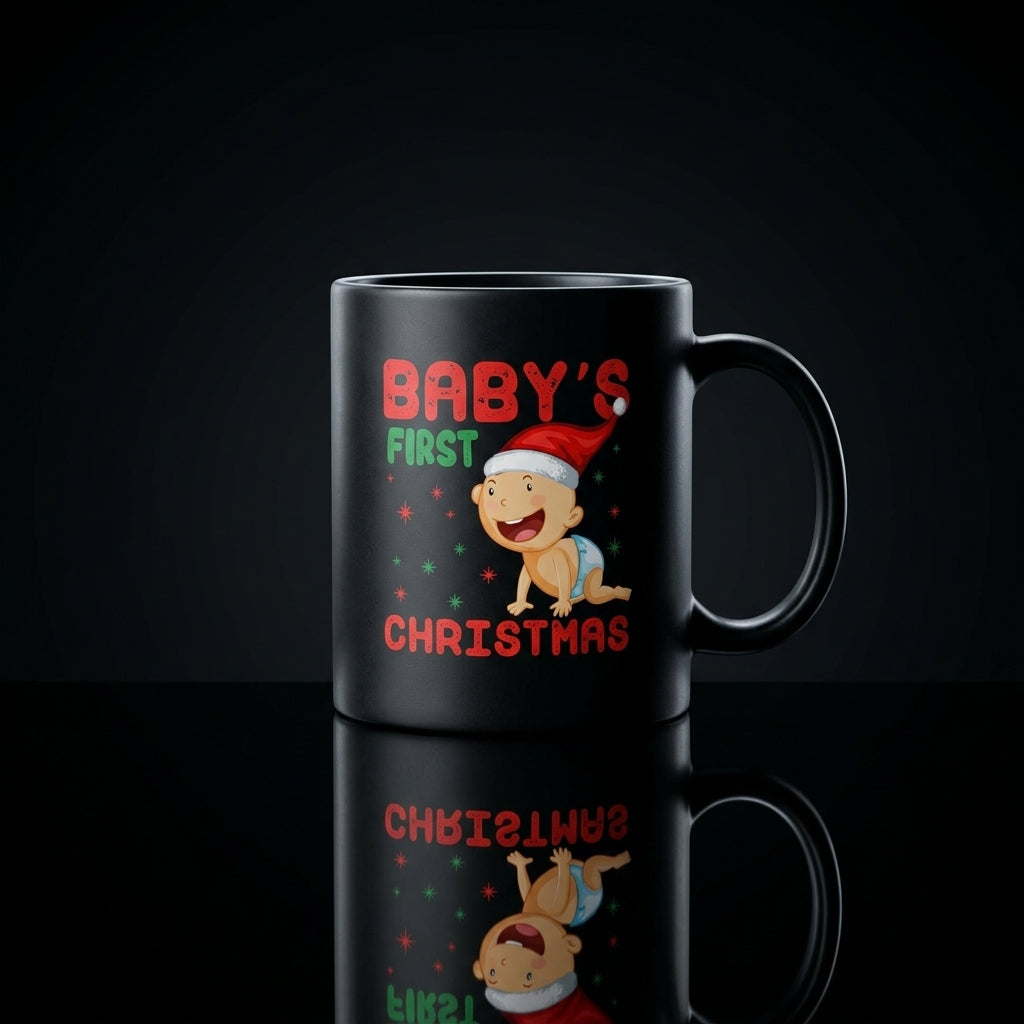 "Baby's First Christmas" Cute Santa Hat Coffee Mug 11oz - Black Ceramic Tea Cup