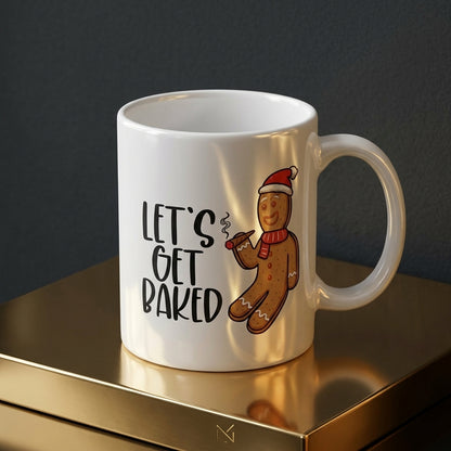 Funny "Let's Get Baked" Gingerbread Man Christmas Coffee Mug 11oz - White Ceramic Tea Cup