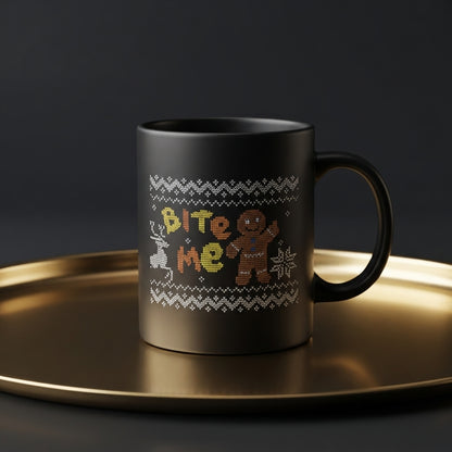 Funny "Bite Me" Ugly Sweater Gingerbread Man Christmas Coffee Mug 11oz - Black Ceramic Tea Cup