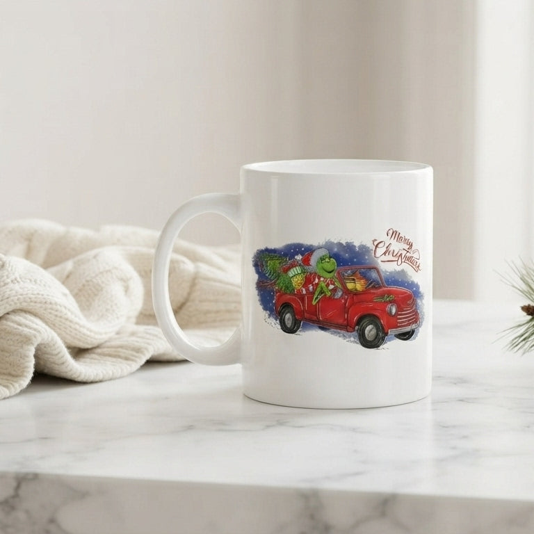 Grinch Christmas Vintage Red Truck Coffee Mug 11oz - "Merry Christmas" White Ceramic Tea Cup - Holiday Gift for Grinch Lovers