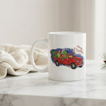 Grinch Christmas Vintage Red Truck Coffee Mug 11oz - "Merry Christmas" White Ceramic Tea Cup - Holiday Gift for Grinch Lovers