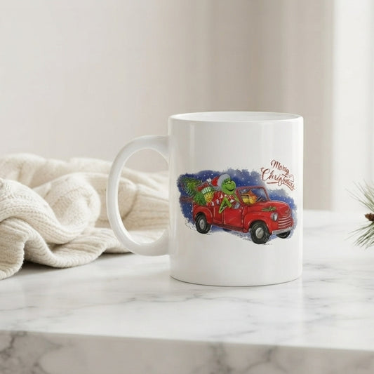 Grinch Christmas Vintage Red Truck Coffee Mug 11oz - "Merry Christmas" White Ceramic Tea Cup - Holiday Gift for Grinch Lovers