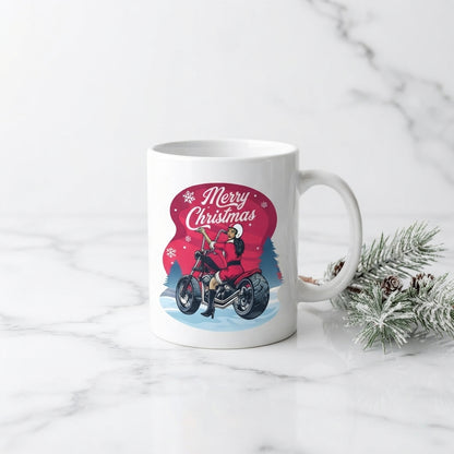 Biker Santa Christmas Coffee Mug - "Merry Christmas" Motorcycle Girl White Ceramic Tea Cup - Holiday Gift for Biker Lovers
