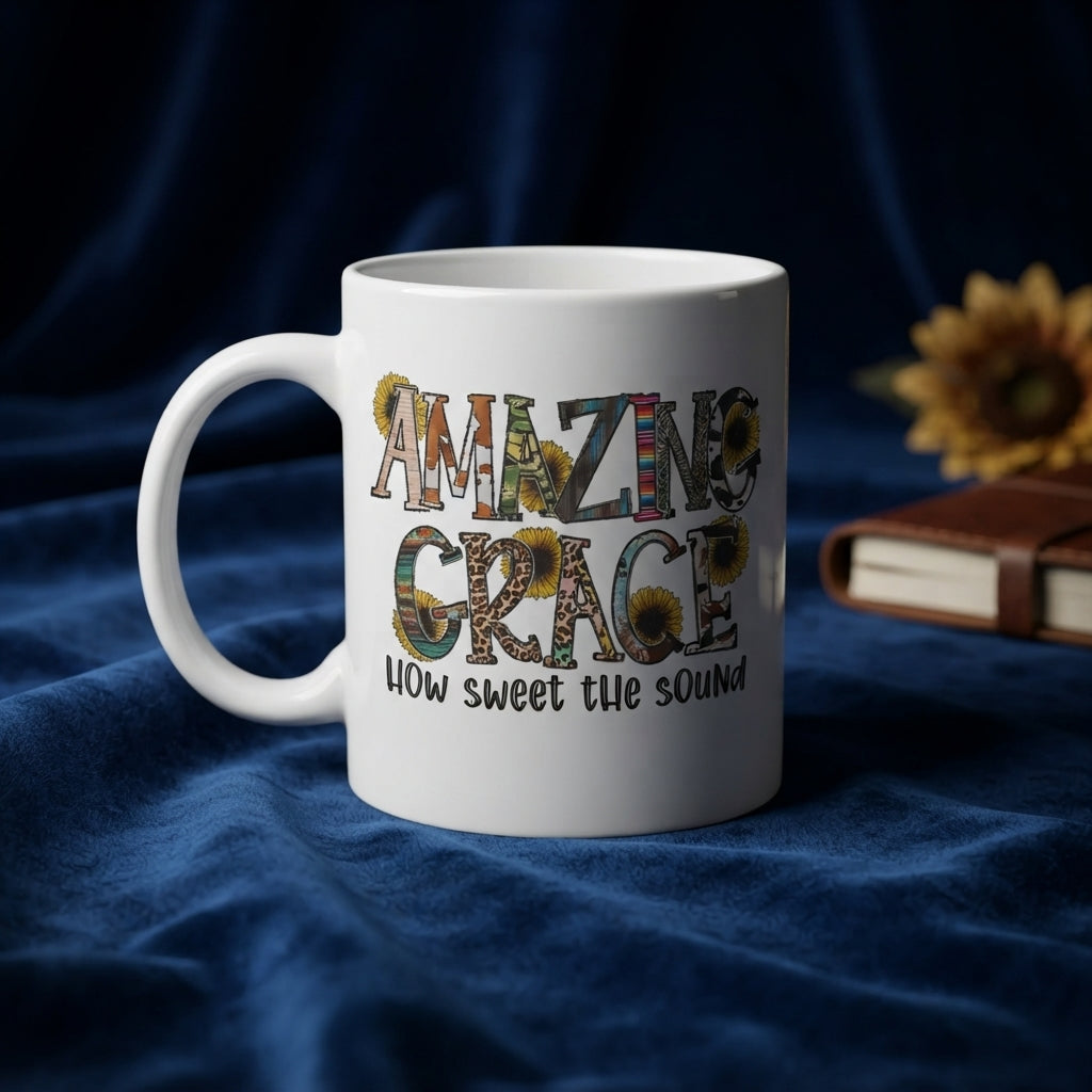 "Amazing Grace How Sweet The Sound" Sunflower Christian Coffee Mug 11oz - White Ceramic Tea Cup