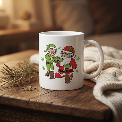 Funny Weed Santa & Elf Christmas Coffee Mug 11oz - Cannabis Leaf White Ceramic Tea Cup - Holiday Stoner Gift