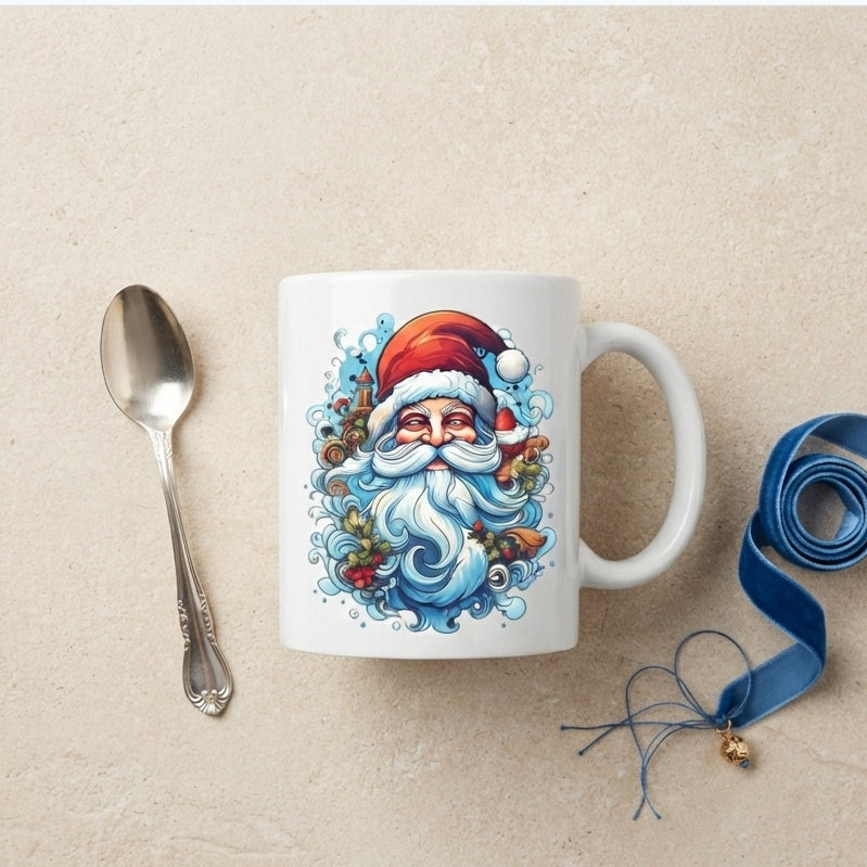 Artistic Santa Claus Christmas Coffee Mug - Illustrated Swirl Art White Ceramic Tea Cup - Holiday Gift for Christmas Lovers