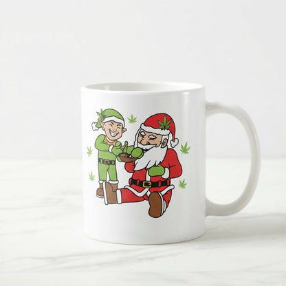 Funny Weed Santa & Elf Christmas Coffee Mug 11oz - Cannabis Leaf White Ceramic Tea Cup - Holiday Stoner Gift