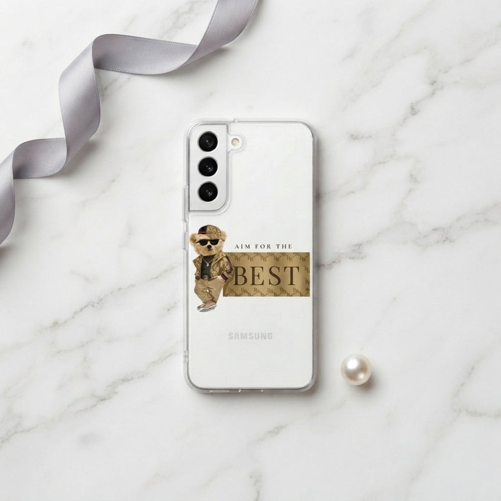 Clear Samsung Galaxy Case – Stylish Teddy Bear "Aim For The Best" Graphic Cover