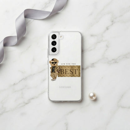 Clear Samsung Galaxy Case – Stylish Teddy Bear "Aim For The Best" Graphic Cover