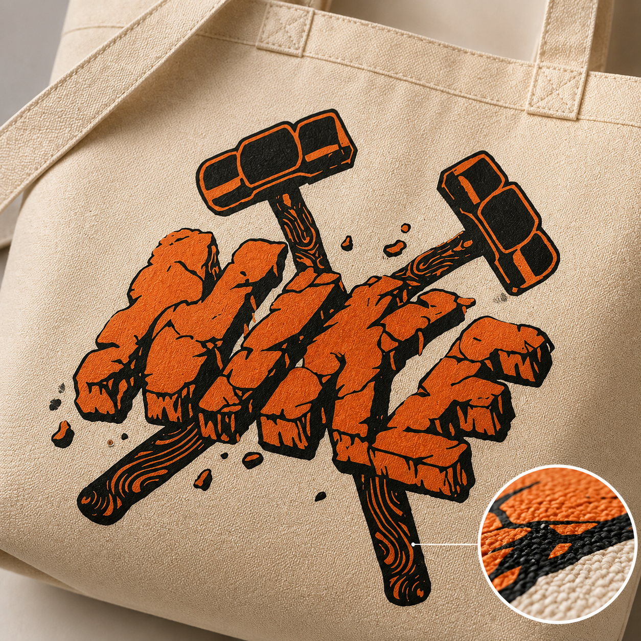 "Stone & Sledge" Stone-Carved Graphic Natural Canvas Tote Bag