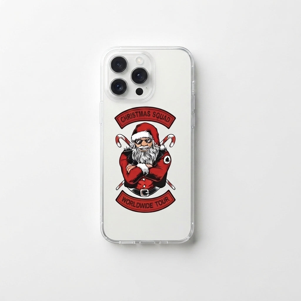 Christmas Squad Worldwide Tour Biker Santa Clear Case for iPhone | Cool Holiday Phone Cover