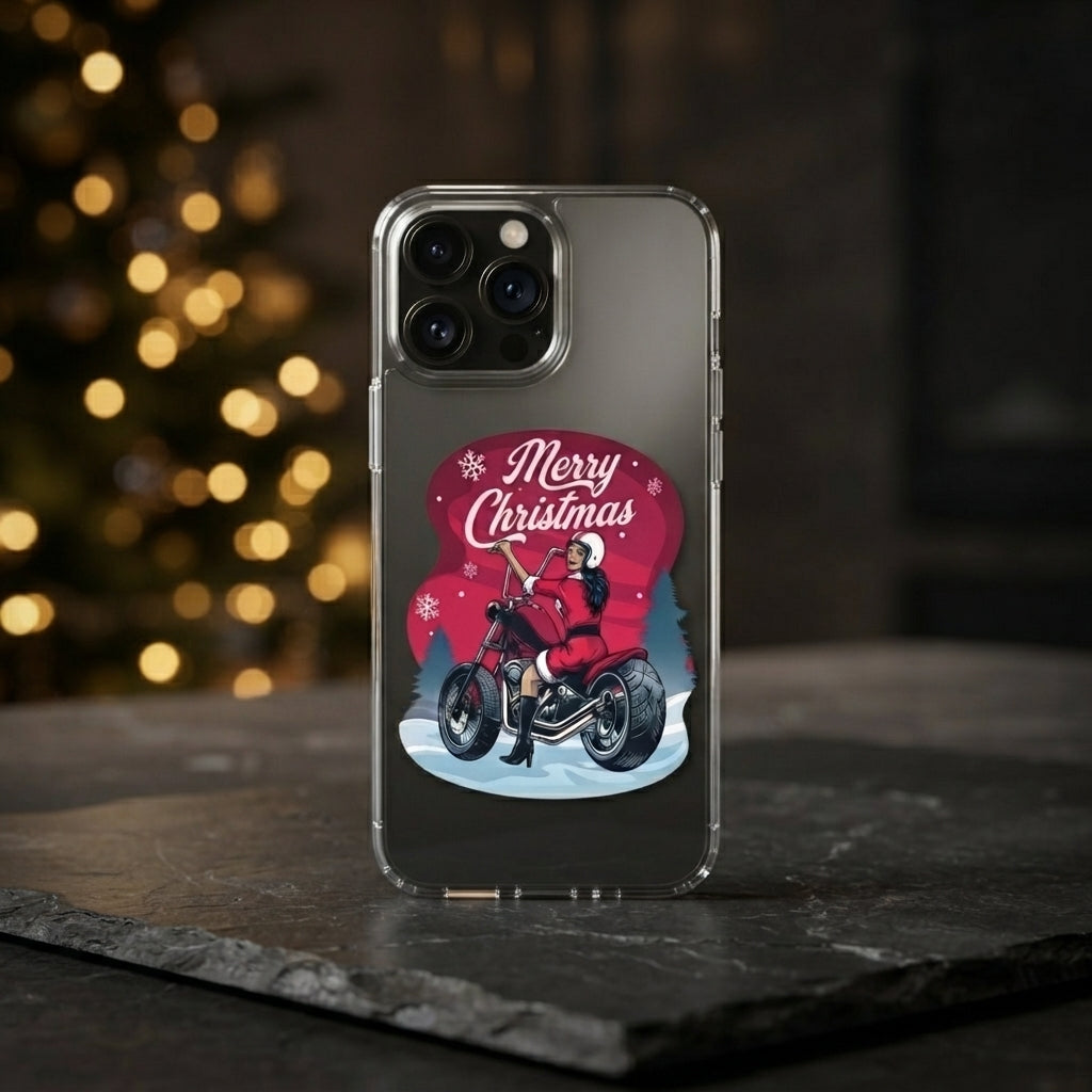 Merry Christmas Biker Santa Girl Clear Case for iPhone | Festive Motorcycle Holiday Cover