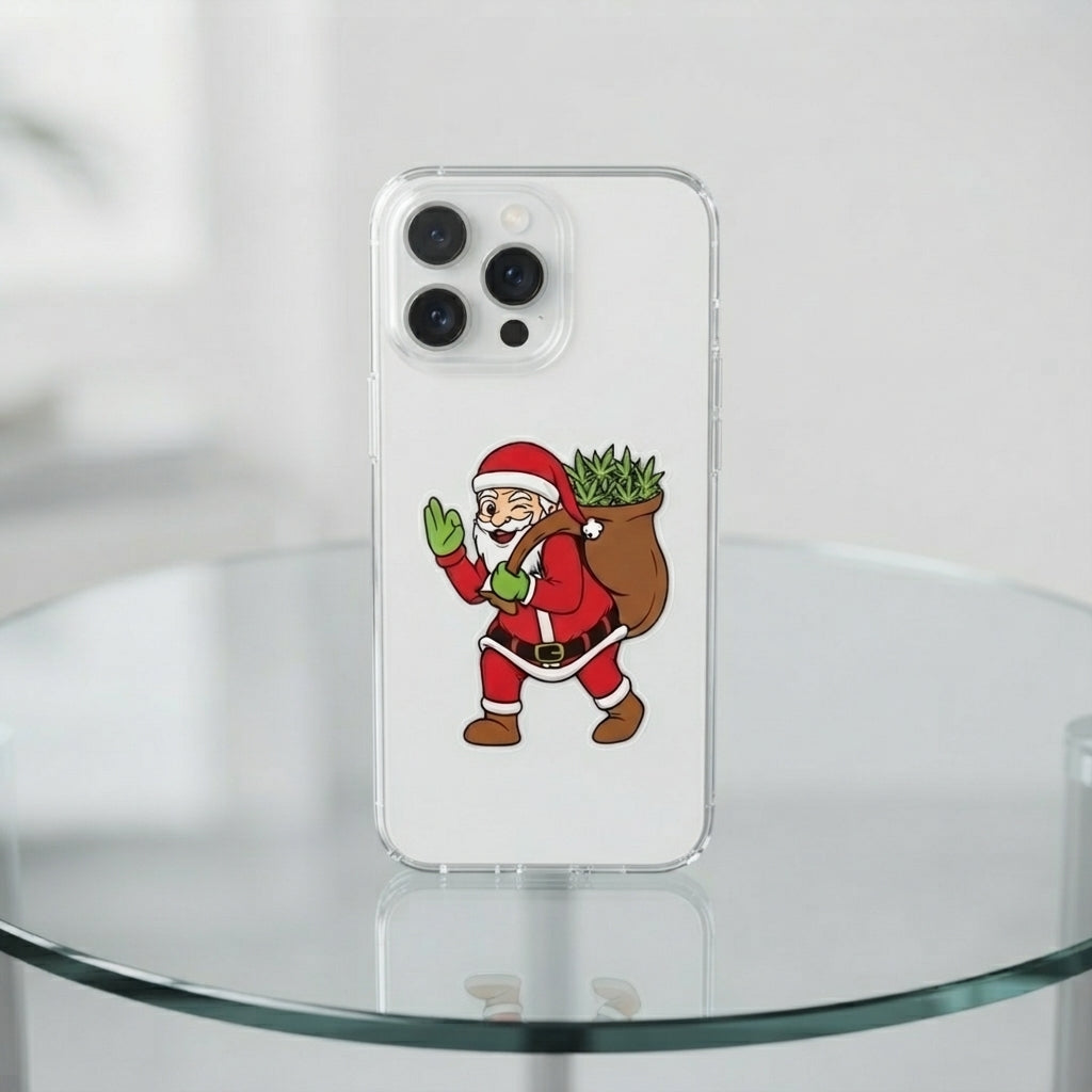 Winking Santa carrying Cannabis Sack Clear Case for iPhone | Funny Weed Holiday Phone Cover